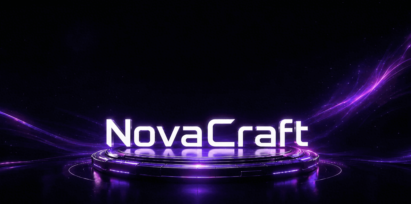 NovaCraft digital agency hero showing a futuristic 3D brand environment for web design, development and digital growth.